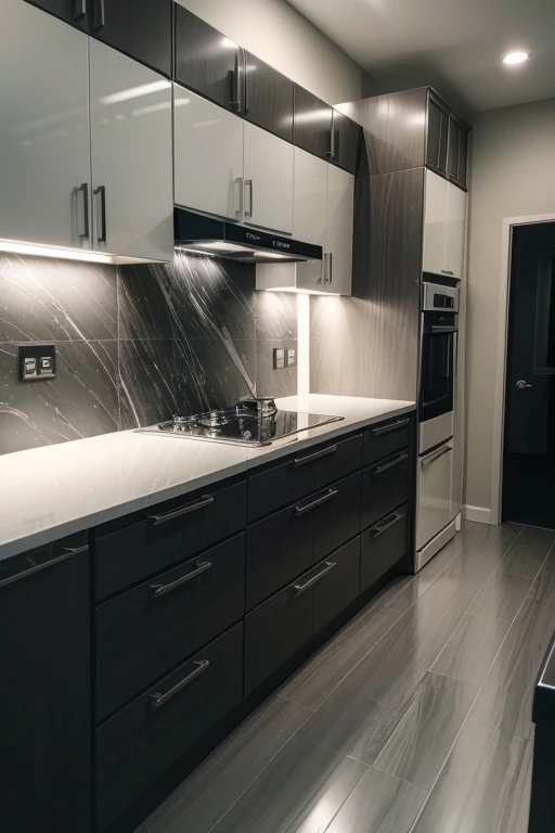 Create an MDF kitchen cabinet in sacred gray and bolero, led strip lights, glossy black granite counter. warm lighting, Frost free duplex refrigerator, cream colored porcelain flooring.((detalhamento))((Rendering))((真实感)).