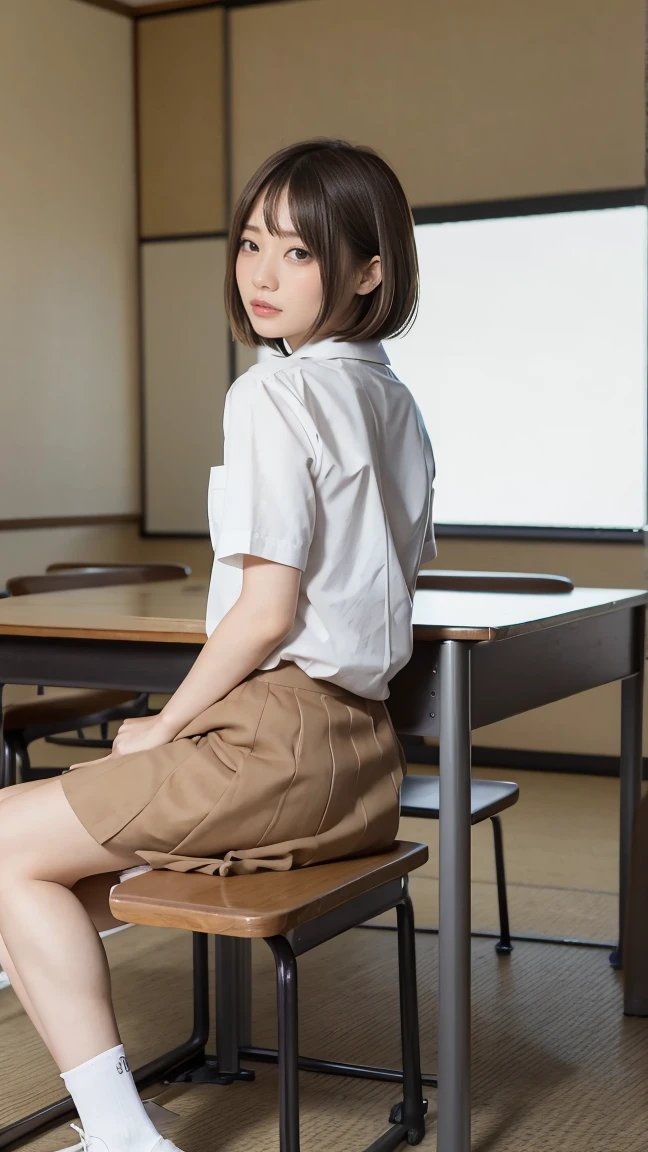 (1 woman), short bob, 18 years old, Japanese, brown eyes, brown hair, slim, (flat chest), high school girl, classroom, girl wearing white shirt, high school girl summer uniform, back view sitting on chair in classroom, (white blouse: 0.3):(see-through pastel pink bra under blouse: 0.5)