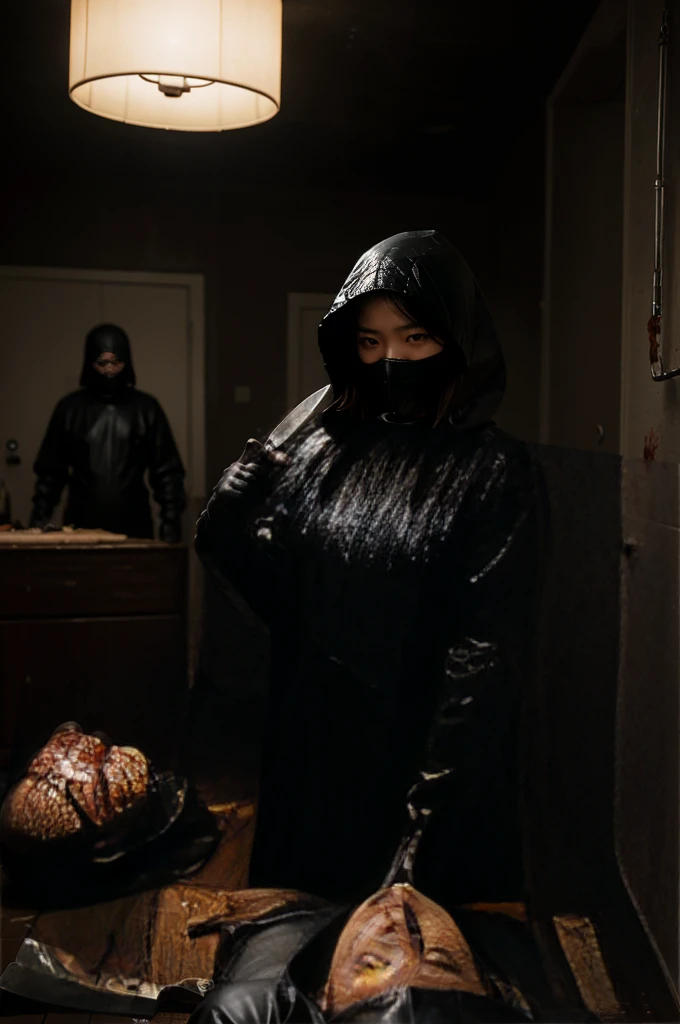 korean girl, (behind corpse, surgical mask), multiple girls, holding knife, stabbing, black raincoat, leather gloves, hood up, room full of blood, black wet suit, holding knife, leather gloves, behind corpse, blood splatter, short hair, night, mass murderer, robbery, in the house, dark atmosphere, cinematic lighting, atmospheric realistic,