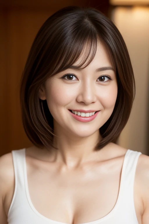 Masseter Film, highest quality, masterpiece, High resolution, realism, Original photo, 8k wallpaper, perfection, Professional Lighting, Very detailed, Written boundary depth, ((Sexy beautiful woman)), ((Sexy 42 year old woman)),,  ((smile)), Detailed face, Beautiful Eyes,, bangs, She has big breasts and a nice figure, (sexy look),, (Thick lips), Large Breastsが見えるよ,View from the front,Large Breasts,Tank top,Please open your mouth wide,Eat ice cream