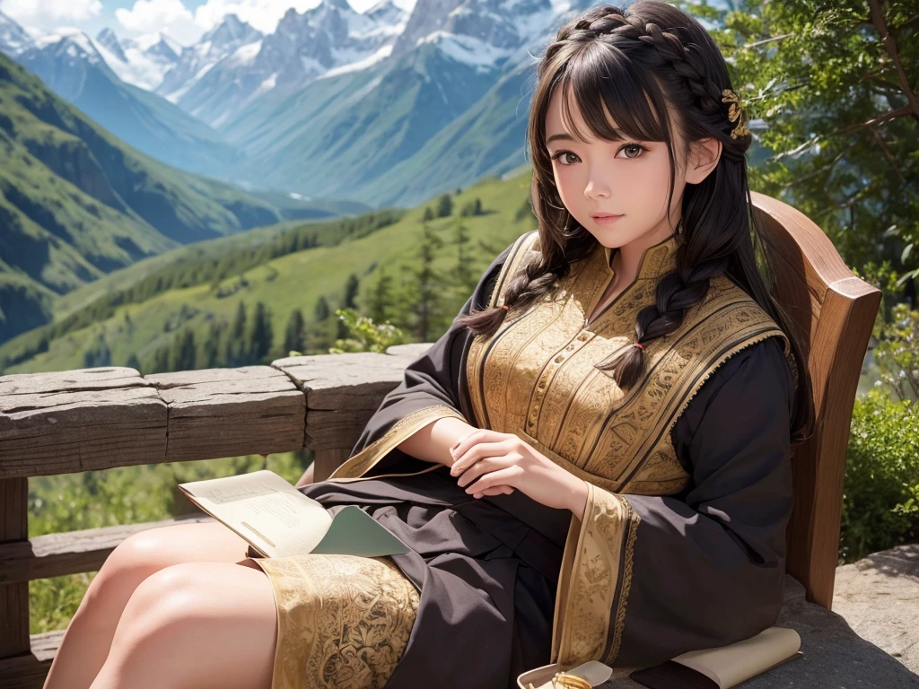 Cute girl sitting on rock 、Beautiful forest, high mountains of the Alps, one bird 、Cute girl, detailed beautiful eyes, braids, realistic, masterpiece, cinematic, Gorgeous ethnic clothing, reading an old big book