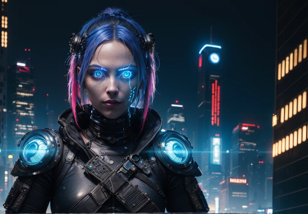 (masterpiece:1.3), (best quality:1.2), (intricate detailed:1.2), (hyperrealistic:1.2), (professional photograpy:1.1), highly detailed, absurd res, 1girl, neon hair, (blue glowing eyes:1.2), defiance512, (helmet:0.8), cyberpunk knight, cyberpunk city, dystopian city, fcPortrait, reflective metal, shiny metal