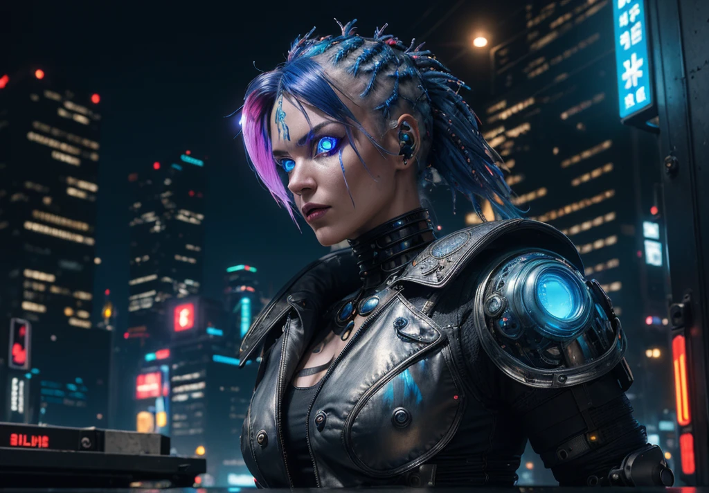 (masterpiece:1.3), (best quality:1.2), (intricate detailed:1.2), (hyperrealistic:1.2), (professional photograpy:1.1), highly detailed, absurd res, 1girl, neon hair, (blue glowing eyes:1.2), defiance512, (helmet:0.8), cyberpunk knight, cyberpunk city, dystopian city, fcPortrait, reflective metal, shiny metal