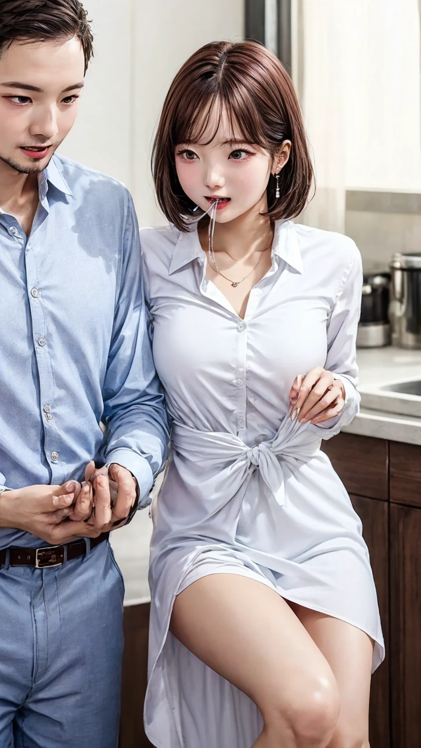 Cheating young wife、Super detailed、Particles of light:0.5、Shiny and smooth skin texture、Beautiful clear eyes、Having sex with a guy in the kitchen、Mouth half open、Natural Texture、Short Hair、、Mature slender beauty、Small breasts、Dignified face、Boyfriend Shirt、Long dress shirt、Touching the inner thighs