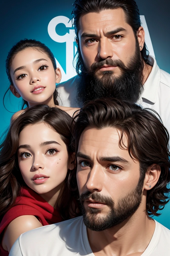 Untitled Disney Pixar poster. A Man 37 years old, Brazilian with thin face, dark brown wavy hair pulled more curly, offwhite, big honey eyes, mole in the left corner of the mouth, full beard, stark, small mouth, big ear, fine nose