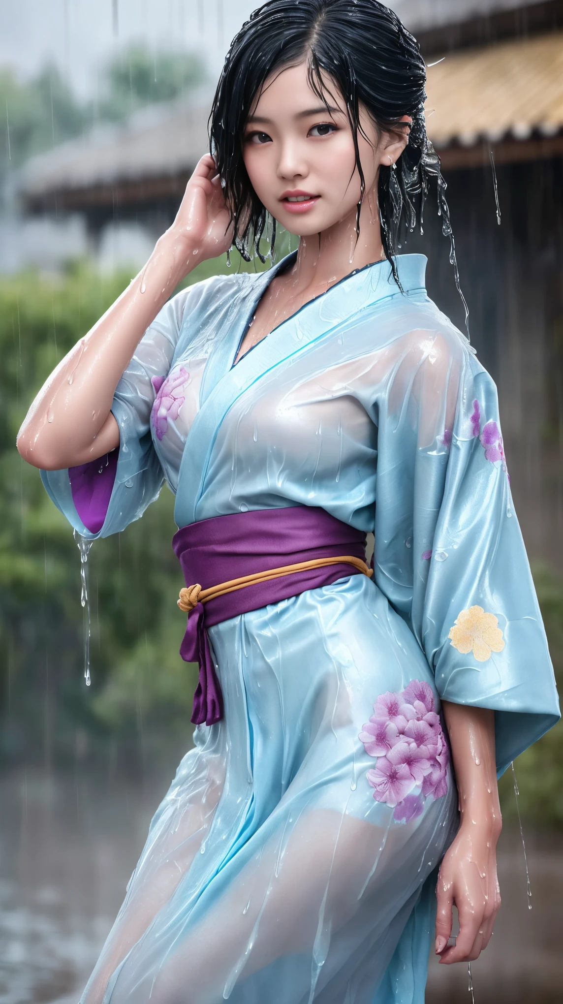 最high quality、high quality、Best image quality、8K、最High resolution、High resolution、最high quality、masterpiece、RAW Photos、whole body写真、Detailed and realistic human body、Detailed and realistic skin、Realistic face in every detail、Detailed and realistic eyes、Detailed and realistic lips、Detailed and realistic teeth、Detailed and realistic ears、Detailed and realistic hair、Realistic reproduction of every detail、((Beautiful Hands(thumb1、reference4))、Realistic feet down to the last detail、((Beautiful Japanese Girl))、(Japanese Model)、18 year old beautiful girl))、(Black Hair)、(Random Hairstyles)、((whole body))、((Slim and perfect figure))、(Flat chest、Small breasts)、(whole body光沢肌、Fair skin)、Mini Chinese Dresini Kimono、Mini Ninja Costume、Japanese tradition、Japanese garden、Rain clouds spreading across the sky、Heavy rain weather、Pouring rain、A storm of wind and rain、((Colorful floral pattern(See-through kimono dress))、((Pouring rainの中でリラックス(Poses to make your thighs look beautiful))、((Soaked skin from head to toe))、((Kimono soaked in the rain(Rain dripping from the clothes))、((Her body lines are clearly visible through her wet kimono.))