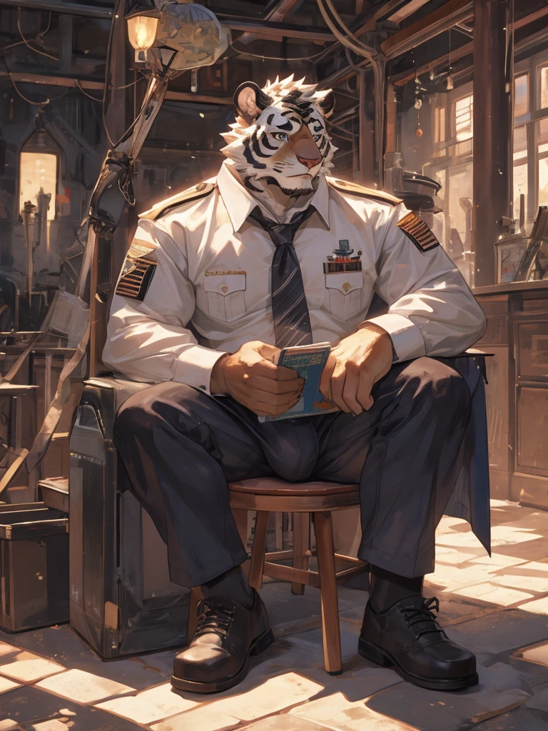{{bara extremely handsome white tiger,}} {{white fur,}} white, wearing military like purple trench coat purple trousers and white dress shirt and necktie, white fluffy furry body and limbs, loafers, very tall, very broad shoulders, narrow waist, muscular arms, massive pecs, purple eyes, very long legs, sitting on swivel chair with legs spread, massive bulge, reading file, sophisticated smart look, full body, sunlight casting over, 3/4 view, best quality, high quality, silver earring on left ear, dead stare, cold expression