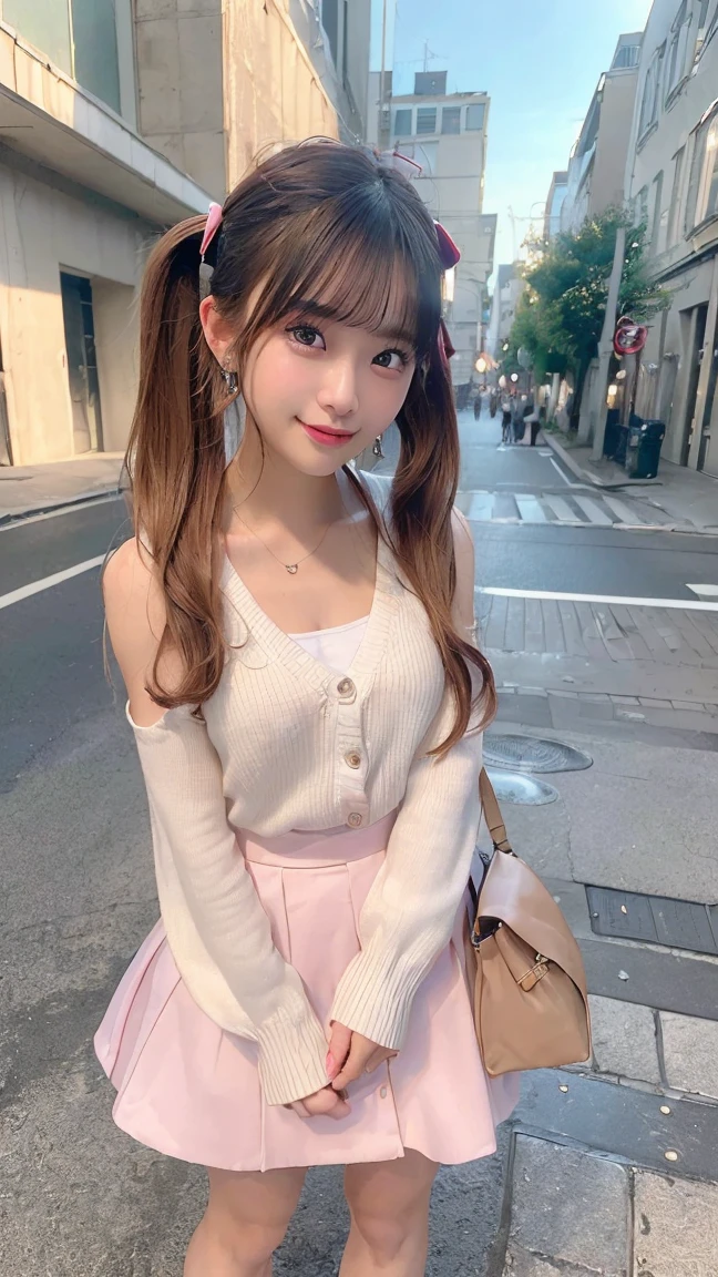 (8K、Raw photography、top-quality、masterpiece:1.2)、(realisitic、Photorealsitic:1.37)、ultra-detailliert、超A high resolution、1 fair-skinned girl、beautifull detailed face、In the street、full body Esbian、poneyTail、hand bag、Cardigan、flered skirt、(glowing earrings)、a smile