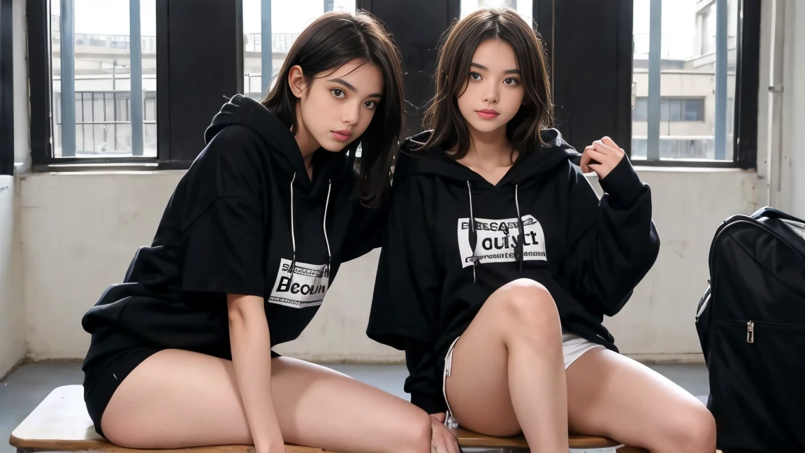 deux femmes ensemble de 18 ans sexy et mince , black short sleeve hoodie , salle de classe, se touche,position sey,sensuel