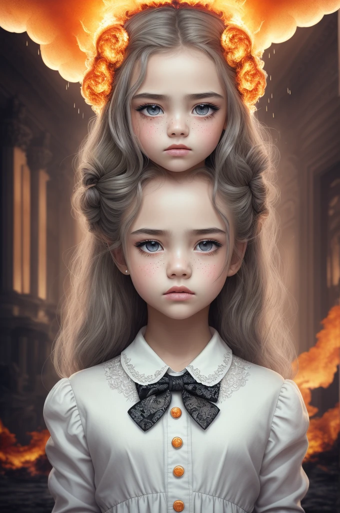 masterpiece,best quality, illustration,{beautiful detailed girl},beautiful detailed glow,(flames of war:1.2),(nuclear explosion behide:1.3),rain,detailed lighting,detailed water,(beautiful detailed eyes:1.1),expressionless,palace,azure hair,disheveled hair,long bangs,hairs between eyes,(whitegrey dress:1.1),black ribbon,white bowties,midriff,big forhead,blank stare,flower,long sleeves