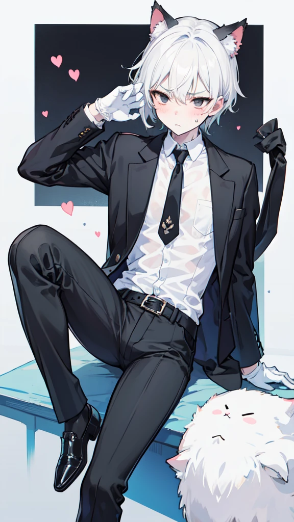 A 18-year-old boy, white and tender skin, cute, wearing white long-sleeved shirt, black jacket and black work tie, black trousers, black booties, white gloves, collar, white hair,wear cat ears, black eyes, thin waist, thin legs, handsome, disdainful and indifferent expression, shy, blush a lot, afraid, sweating, tired, pornography, Pornographic action,nsfw