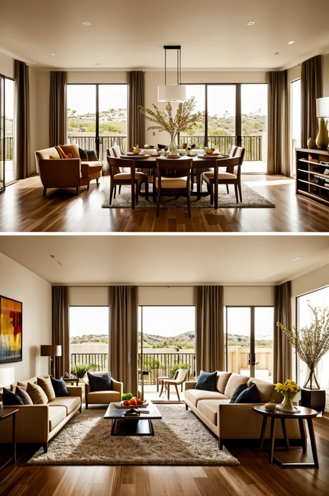 Living room and dining room in open space warm colors elegant contemporary style 