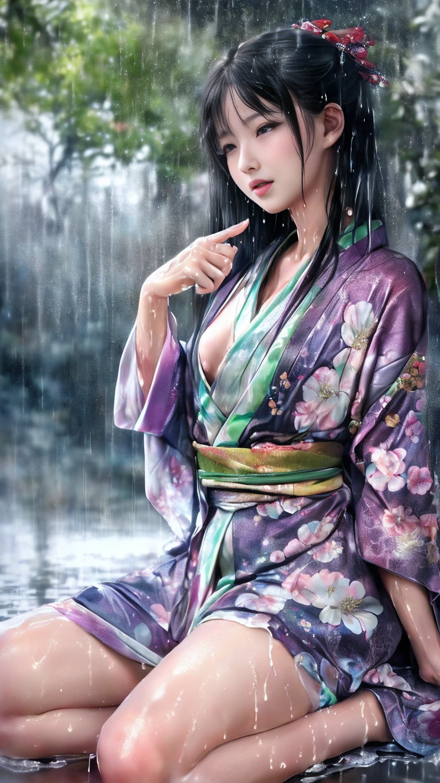 最high quality、high quality、Best image quality、8K、最High resolution、High resolution、最high quality、masterpiece、RAW Photos、whole body写真、Detailed and realistic human body、Detailed and realistic skin、Realistic face in every detail、Detailed and realistic eyes、Detailed and realistic lips、Detailed and realistic teeth、Detailed and realistic ears、Detailed and realistic hair、Realistic reproduction of every detail、((Beautiful Hands(thumb1、reference4))、Realistic feet down to the last detail、((Beautiful Japanese Girl))、(Japanese Model)、18 year old beautiful girl))、(Black Hair)、(Random Hairstyles)、((whole body))、((Slim and perfect figure))、(Flat chest、Small breasts)、(whole body光沢肌、Fair skin)、Mini Chinese Dresini Kimono、Mini Ninja Costume、Japanese tradition、Japanese garden、Rain clouds spreading across the sky、Heavy rain weather、Pouring rain、A storm of wind and rain、((Colorful floral pattern(See-through kimono dress))、((Pouring rainの中でリラックス(Poses to make your thighs look beautiful))、((Soaked skin from head to toe))、((Kimono soaked in the rain(Rain dripping from the clothes))、((Her body lines are clearly visible through her wet kimono.))