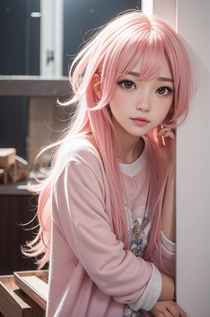 Japanese girl Pink hair long hair bangs small eyes eyelids Small lips and has small face