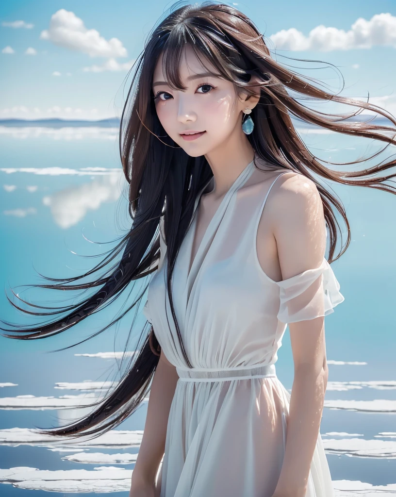 (Highest quality, 32k, High resolution, Masterpiece:1.5), marimo_jet, god々A photograph with brilliant dazzling and healing power., Expressing emotions, Have a rich imagination, Beautiful Japanese Girls, An exceptionally beautiful face, Small Face Beauty, , Perfect Human Anatomy, Magical big eyes, Motherhood and generosity, Deep Love, fleeting smile, Shiny black hair, Beautiful super long hair swaying in the wind, Asymmetrical bangs, Hair between the eyes, Transparent, soft white skin, Sharp eyebrows, Thin lashes, ((Natural Makeup:1.3)), (Red dress:1.3), ((High resolutionの美しい太もも)), ((Distant Horizon:1.5)), ((Salar de Uyuni stretches to the horizon:1.3)), ((The water surface reflects the sky like a mirror:1.3)), Beautiful detailed blue sky, Professional photographer, Professional Lighting, Professional models