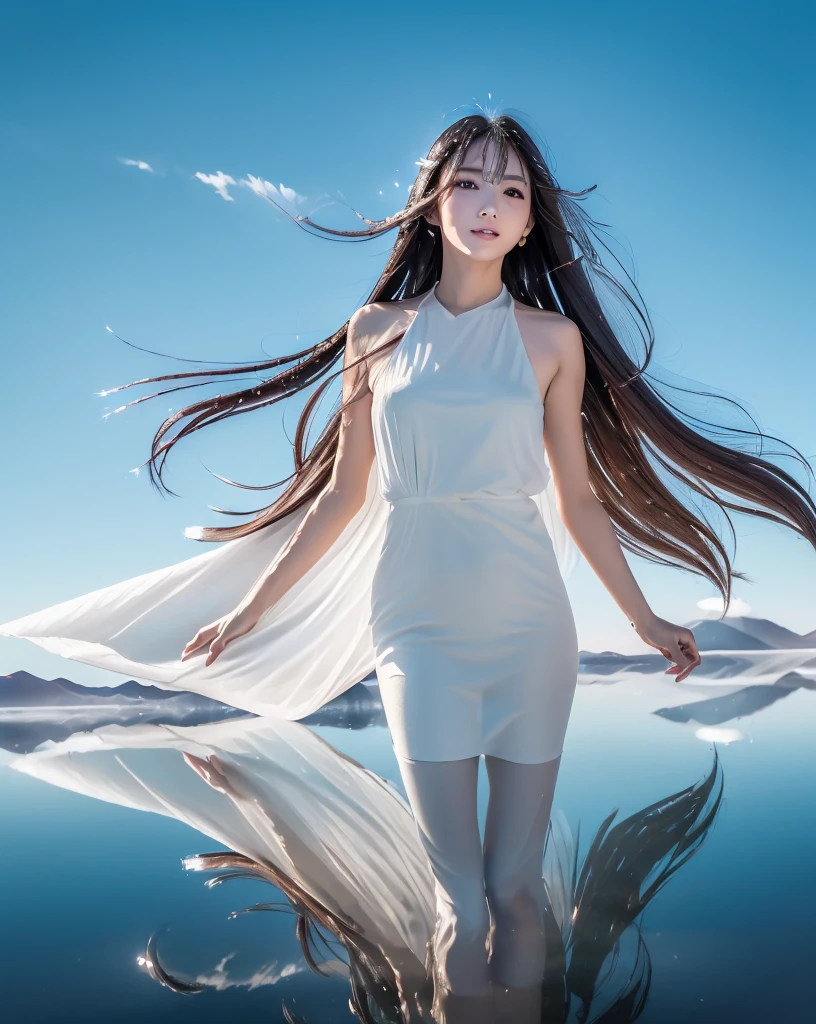 (Highest quality, 32k, High resolution, Masterpiece:1.5), marimo_jet, god々A photograph with brilliant dazzling and healing power., Expressing emotions, Have a rich imagination, Beautiful Japanese Girls, An exceptionally beautiful face, Small Face Beauty, , Perfect Human Anatomy, Magical big eyes, Motherhood and generosity, Deep Love, fleeting smile, Shiny black hair, Beautiful super long hair swaying in the wind, Asymmetrical bangs, Hair between the eyes, Transparent, soft white skin, Sharp eyebrows, Thin lashes, ((Natural Makeup:1.3)), (Red dress:1.3), ((High resolutionの美しい太もも)), ((Distant Horizon:1.5)), ((Salar de Uyuni stretches to the horizon:1.3)), ((The water surface reflects the sky like a mirror:1.3)), Beautiful detailed blue sky, Professional photographer, Professional Lighting, Professional models