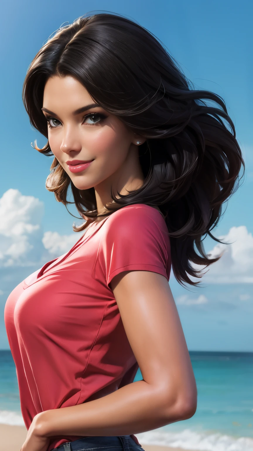 (cartoon style:1.2), Draws of ([Jessica Simpson, Kate Upton, Kim kardashian]), wearing a designed t-shirt, SMILE, Perfect eyes, detailed face, seaside background, fun posing, flirtatious look, 