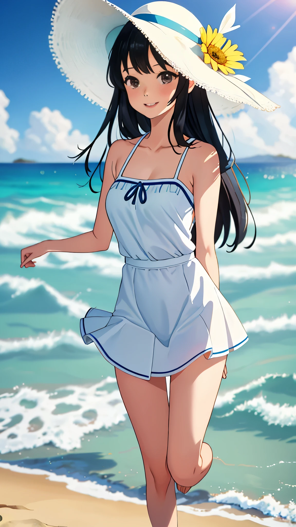 beach, best quality, masterpiece,、beautiful girl、slim、One person、Long Hair、White sleeveless、White dress、The skirt is short、running、A happy smile、口を開けて笑う、
sea beach,Black hair,daysieblurry,Background of bblurry,daysies,,cparted lips,the ocean,Summer daysies,Sun hat,