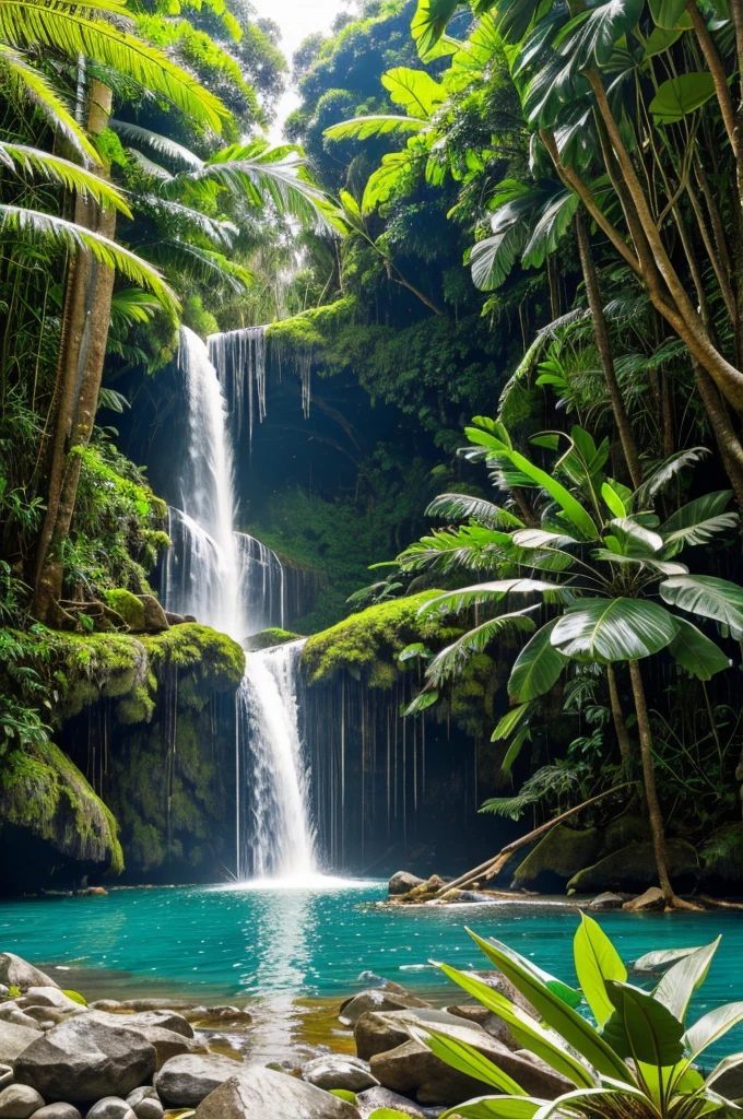 in the jungle,have a rock, coconut tree, banana tree, tree fern, lagoon and waterfall