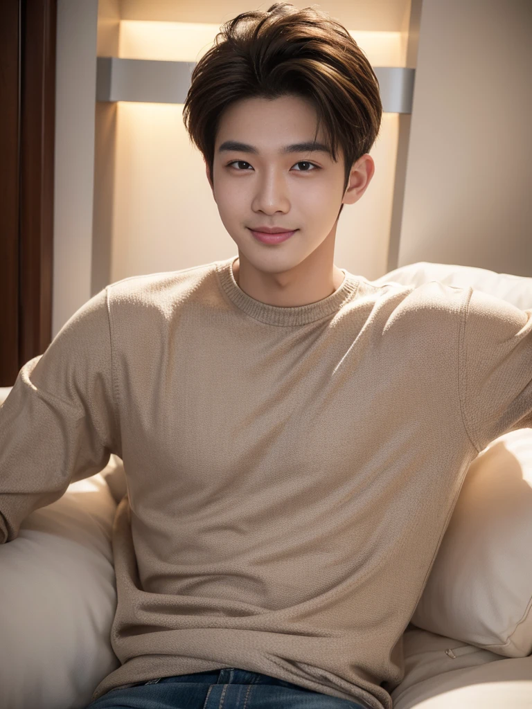 male handsome 20-year-old handsome guy，looking to the camera，frontage，high qulity，tmasterpiece，8K.4K,1080P，Light-sensitive, ยิ้ม