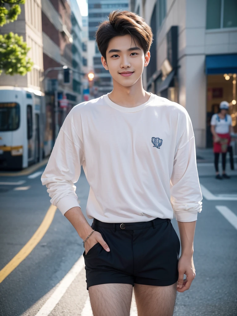 (Create a masterpiece: 1.2),(CGI art:1.3),(realistic:1.5),(After processing:1.3), (Sharp focus:1.3), 1 man, open mouth, smile, (Navy blue round neck shirt), Navy cargo pants, Korean guy , korean men, (High gloss details), chest muscles, large arm muscles, blood vessel, Big muscles, Broad shoulders, looking at the audience, Balancing the eyes, Seaside, beach, sunlight, running towards the camera
