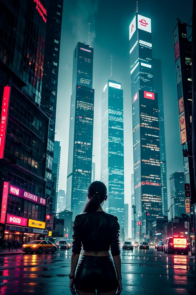 Ultra-high resolution、8K、Back view of a woman looking down from a skyscraper、Futuristic Cyberpunk Metropole, Glowing skyscrapers and hovering vehicles, An urban jungle beneath a neon sky, A spectacular dystopian atmosphere, Vivid and inspiring, Luminescent cascading rain, light.