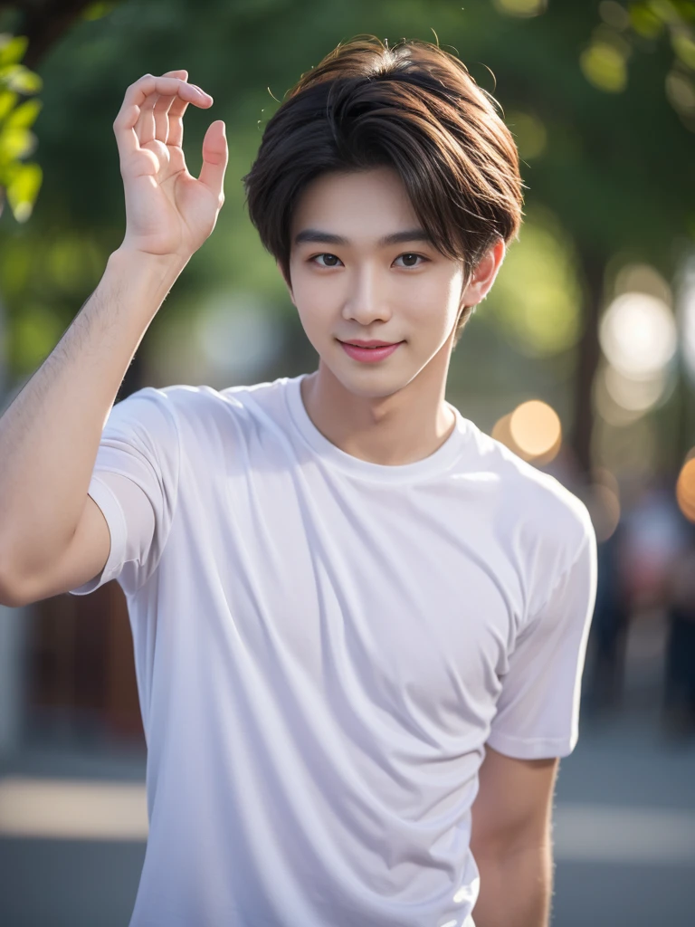 male handsome 20-year-old handsome shirt guy，looking to the camera，frontage，high qulity，tmasterpiece，8K.4K,1080P，Light-sensitive, ยิ้ม