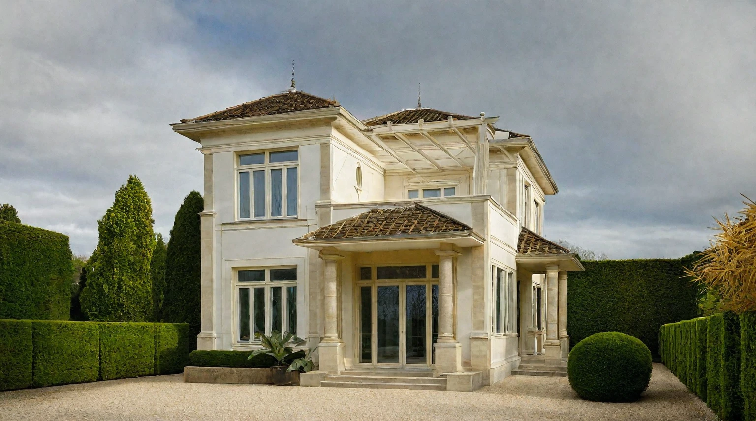 "Extérieur de la maison néoclassique, Grandes colonnes, moulures ornées, façade symétrique, grandes fenêtres, balcons décoratifs, Entrée élégante, escalier double, couleurs blanc et crème, accents dorés, bois sombre, jardin bien entretenu, statues classiques, verdure luxuriante, allée pavée