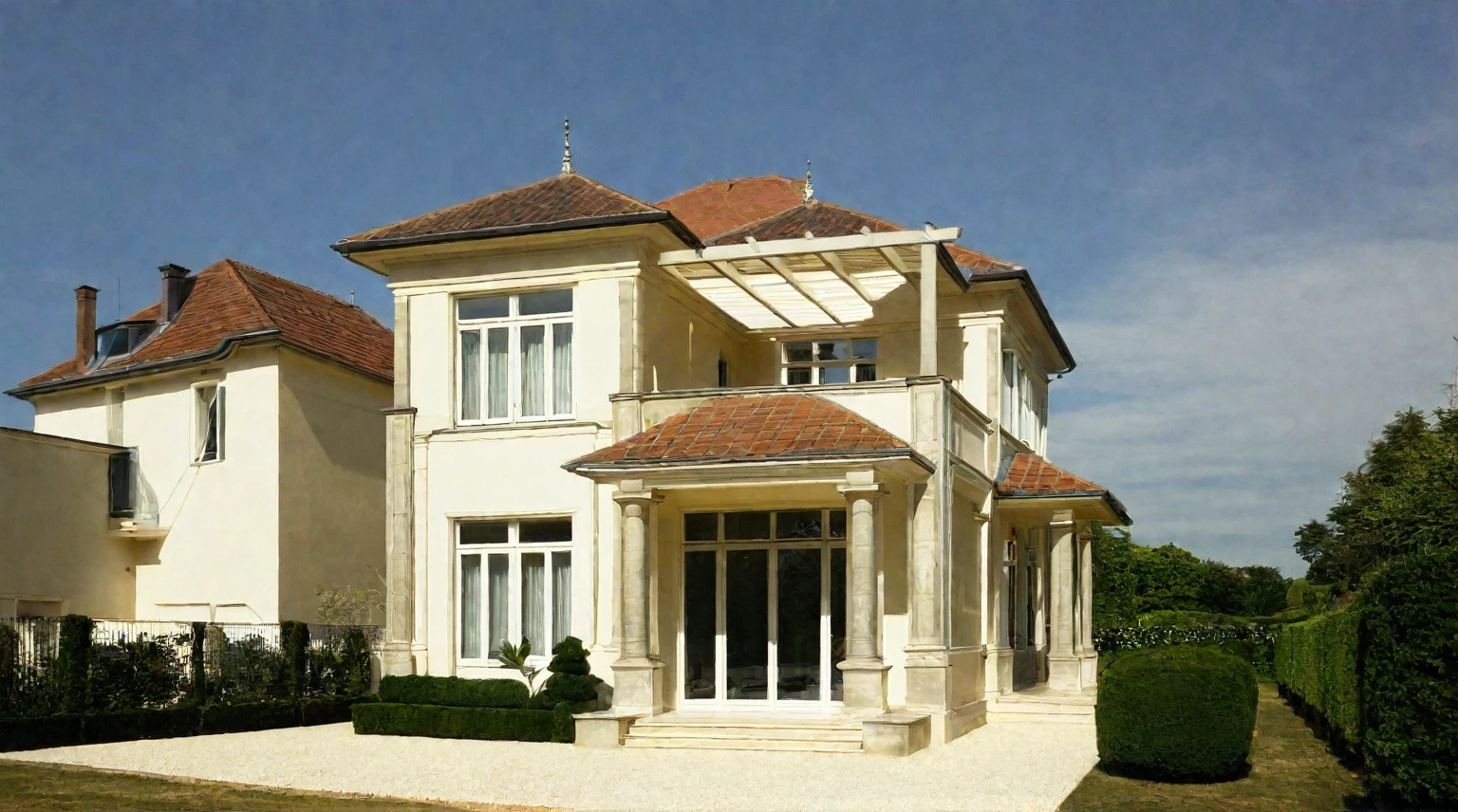 "Extérieur de la maison néoclassique, Grandes colonnes, moulures ornées, façade symétrique, grandes fenêtres, balcons décoratifs, Entrée élégante, escalier double, couleurs blanc et crème, accents dorés, bois sombre, jardin bien entretenu, statues classiques, verdure luxuriante, allée pavée