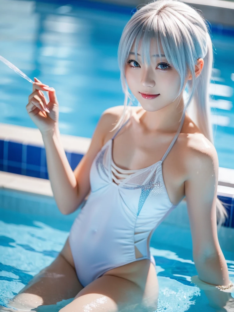 (Highest quality、4K、8K, masterpiece:1.3), Ultra detailed face, Detailed lips, Detailed eyes, double eyelid,
BREAK,
(Looking down:1.5), (close up:1.25), (Seductive pose:1.5),
BREAK,
1girl, 18 years old, smile, short height, tachibana kanade, silver hair, short height,
BREAK,
(yellow eyes), ((white hair, long hair, bangs, hair pulled back)),
BREAK,
Japanese one-piece swimsuit, in the pool,