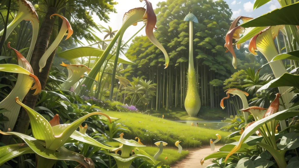 (tropical pitcher plants :1.5),with a large mouth and sharp teeth.,in the forest, landscape:1.5