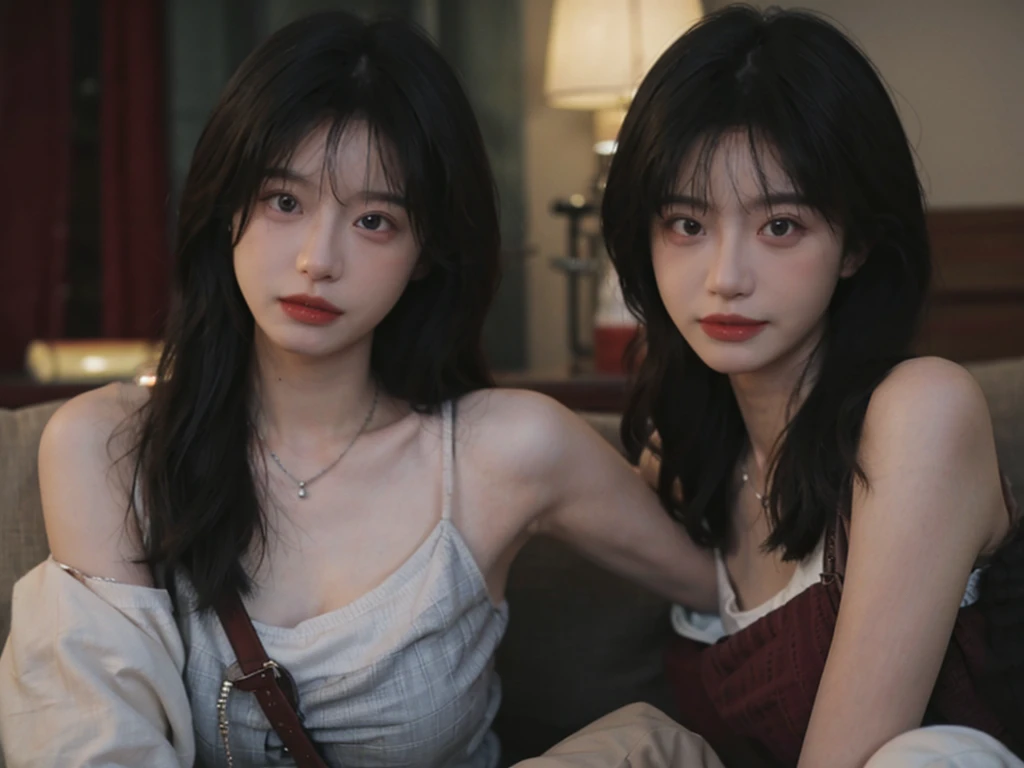 Film portrait photography, 2 girls, Bare shoulders,Lipstick,(flat chest:1.4), Wear a necklace,Cute expression,Exquisite makeup,Red suspenders,serene, calm, (Realistic and detailed eyes, Natural skin texture, Realistic facial details), Big breasts:1.6,Big Breasts,Soft dramatic lighting, Depth of Field, Bokeh, Vibrant details, Detailed and detailed, Surreal, 35mm film, hazy, ,