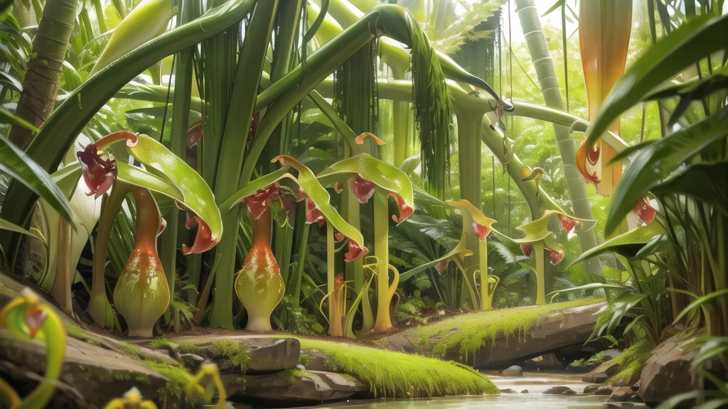 (tropical pitcher plants :1.5),with a large mouth and sharp teeth.,in the forest, landscape:1.5