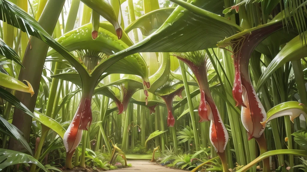 (tropical pitcher plants :1.5),with a large mouth and sharp teeth.,in the forest, landscape:1.5