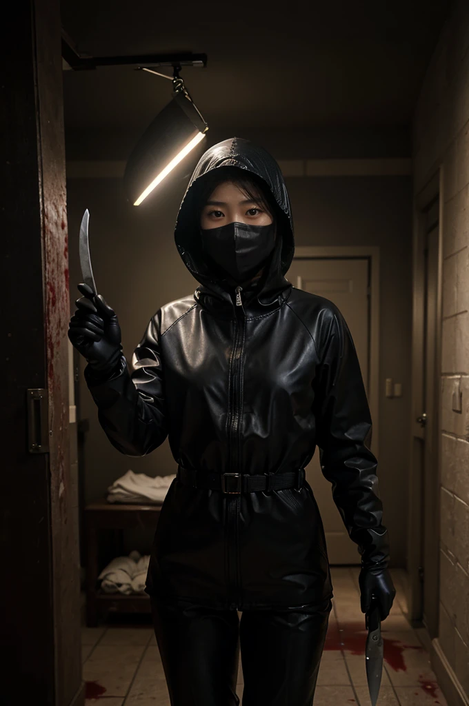 korean girl, (behind corpse, surgical mask), multiple girls, holding knife, stabbing, black raincoat, leather gloves, hood up, room full of blood, black wet suit, holding knife, leather gloves, behind corpse, blood splatter, short hair, night, mass murderer, robbery, in the house, dark atmosphere, cinematic lighting, atmospheric realistic,