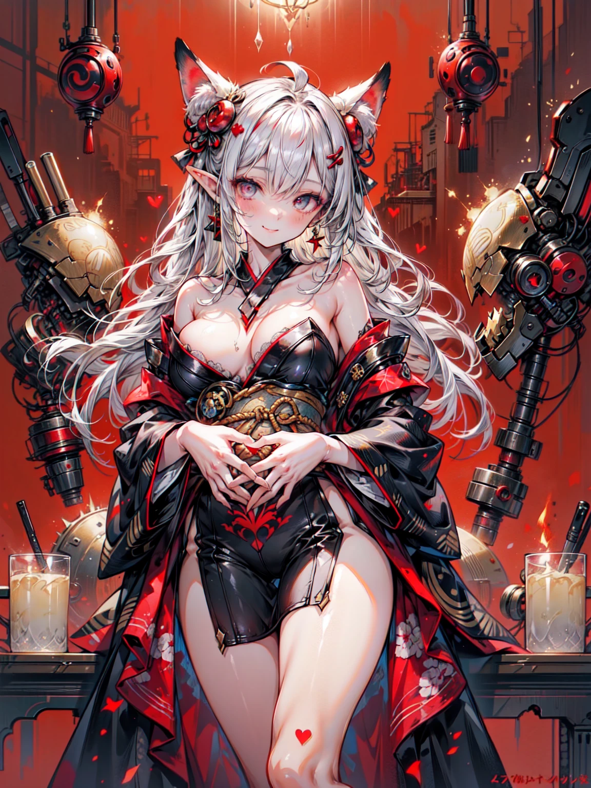masterpiece、 (girl: 1.2), (Big Breasts), (Black Hair, Shortcuts: 1.3),  Plump and glossy lips, Beautiful and clear eyes, (Highest (smile), (Perfect hands: 1.2), (Red Theme: 1.4), (with a prostitute: 1.3), (Maxi length black kimono [With gold]) heart: 1.4), (Delicate gold embroidery) Fancy patterns: 1.3), (Off the shoulder: 1.4), (ability: 1.2), (Fancy hair accessories: 1.3), (Large bow on the front: 1.2), Waist: 1.3), Low angle shot, (Enchanting Light ), moonlight: 1.4), ((Bold thigh slit)), Fire Swirls and Filigree, Rainbow bubbles, Amazing shine, Magical holographic glow, ((Flame effect:1.3)), Must have, Highest品質, 超detailed, masterpiece, Organic Armor Cyborg、Machinery Armor、Armor Texture、Blake、非常にdetailed (Dark Elf), (1 girl), alone, Perfect Face, detailed, Ahoge, ((Long Hair:1.2)), (Hair above one eye:1.3), [[Messy Hair]], Shiny blonde white hair, Purple eyes, Variegated eyes, Colorful Hair, Shining Eyes, Bright Eyes, Face imprint, (eyelash, eye shadow, pink eye shadow), smile, Design Art：haruhiko mikimoto, by Kawashi, By Yoshitaka Amano