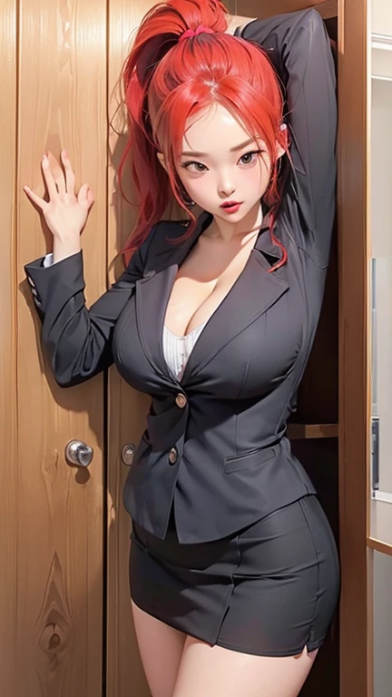 (((Full and soft breasts,)))(((Huge breasts))) (((Cleavage))) (Perfect curvy figure),1 Girl, underwear, Tight shirt, Open blazer, 迷你Short skirt，Short skirt，underwear, Big breasts, Long torso, Red hair, Ponytail, Glowing skin, Cabinets extend upwards