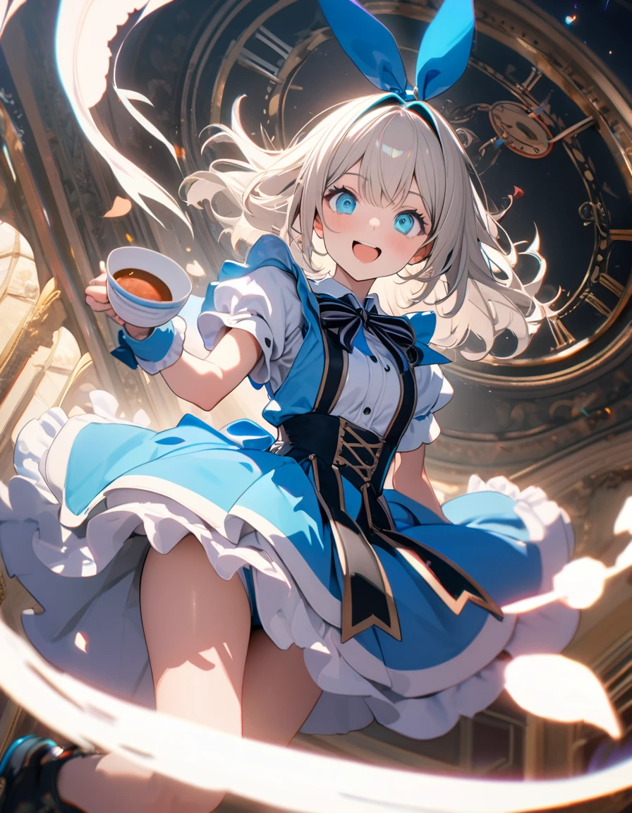 (8K, best quality, master piece: 1.2), super high resolution,ultra-detailed face, detailed eyes, blue eyes, cream hair,ロングヘア,Aqua ロリータファッション,白のフリル付きエプロン,smile,black facinator ribbon decoration, Alice costume, teacup and teapot are floating in the air, clock and rabbit floating in the air, Alice is flying, cute, dynamic pose,rim light,Look at viewer