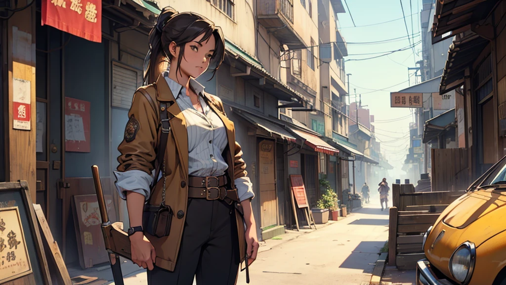 Showa retro cityscape、steampunk、Work clothes、Ponytail、girl、Holding the tool in your hand
