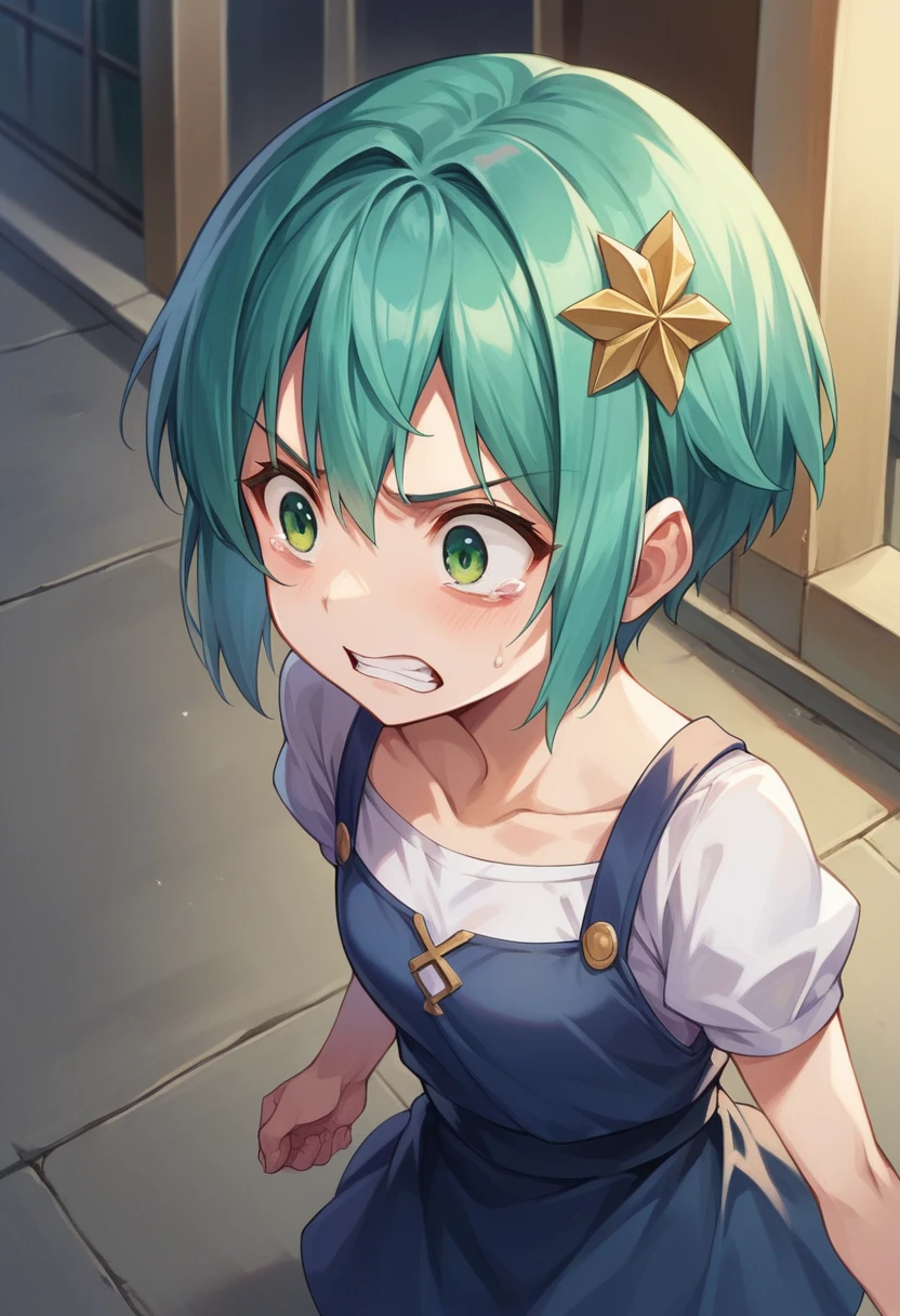 Super detailed,masterpiece,Highest quality,One girl,FI1 Nagisa High,dark,night,run away,Upper Body,close,street,From above, Scared,shout,One girl,Aqua Hair,short hair,Green Eyes,hair ornaments, Seraphim, Pleats_skirt,