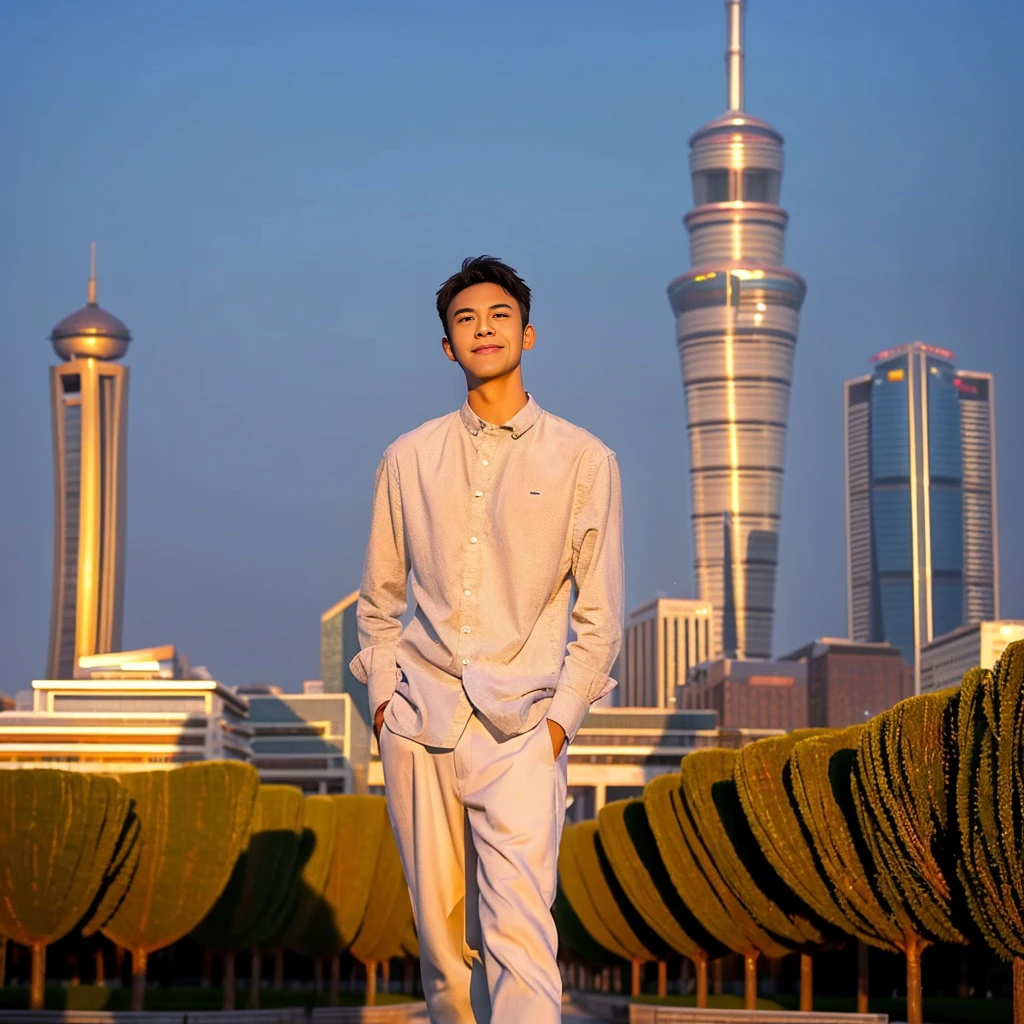 Masterpiece, best quality, height, Ultra high resolution,TRUE, photoTRUEistic,young man,handsome face,evening,natural light,look at viewer,outdoor,full body,smile,round face,short hair,Eye details,Shanghai city road,night scenery