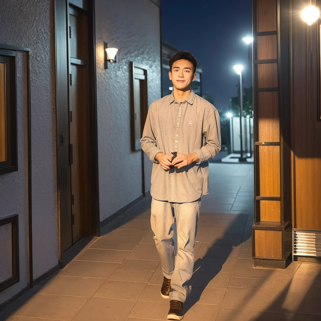 Masterpiece, best quality, height, Ultra high resolution,TRUE, photoTRUEistic,young man,handsome face,evening,natural light,look at viewer,outdoor,full body,smile,round face,short hair,Eye details,Shanghai city road,night scenery