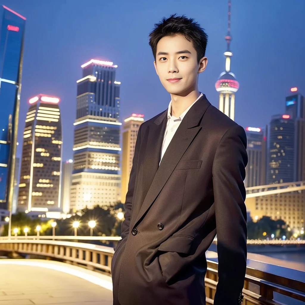 Masterpiece, best quality, height, Ultra high resolution,TRUE, photoTRUEistic,young man,handsome face,evening,natural light,look at viewer,outdoor,full body,smile,round face,short hair,Eye details,Shanghai city road,night scenery