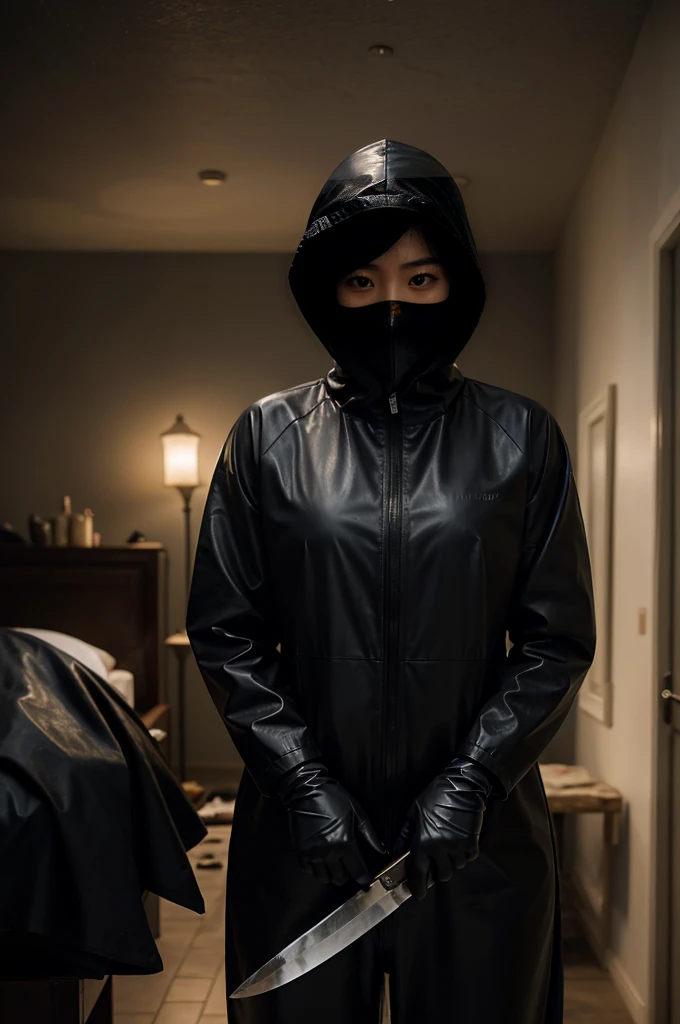 korean girl, (behind corpse, surgical mask), multiple girls, holding knife, stabbing, black raincoat, leather gloves, hood up, room full of blood, black wet suit, holding knife, leather gloves, behind corpse, blood splatter, short hair, night, mass murderer, robbery, in the house, dark atmosphere, cinematic lighting, atmospheric realistic,
