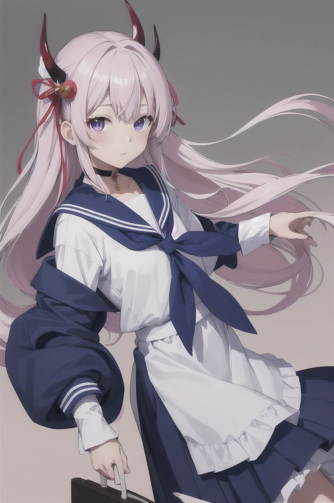 masterpiece,Highest quality,High resolution,Super detailed,Ahyu,Long Hair,Both sides up,Hair Ribbon,hair ornaments,choker,shinda sekai sensen uniform,Seraphim,Blue sailor collar,neckerchief,White shirt,Long sleeve,Lock,Devil&#39;s Tail,skirt,blue skirt,Thigh straps,indoor,bed,Sitting,blush,(Embarrassing:1.2),wariza,