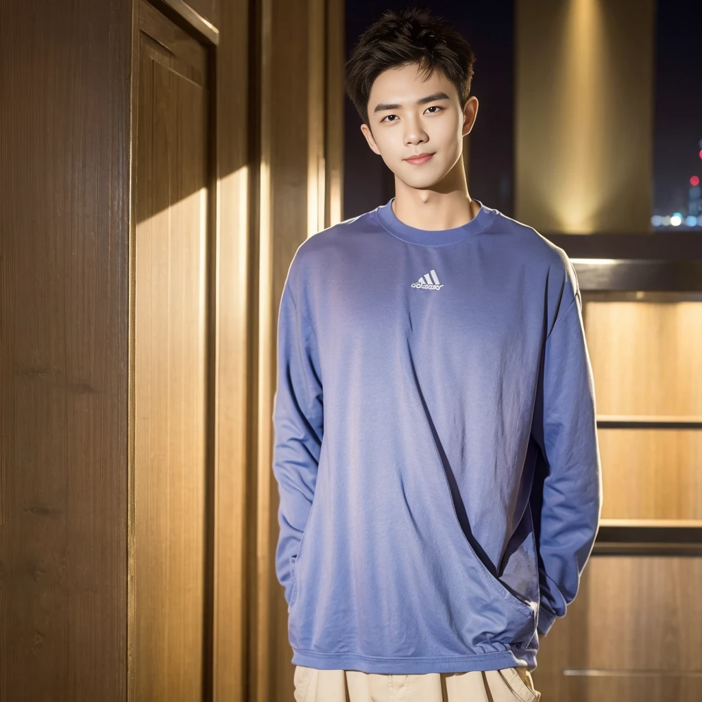 Masterpiece, best quality, height, Ultra high resolution,TRUE, photoTRUEistic,young man,handsome face,evening,natural light,look at viewer,outdoor,full body,smile,round face,short hair,Eye details,Shanghai city road,night scenery
