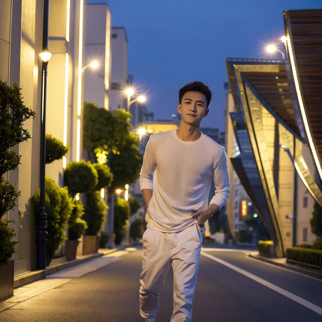 Masterpiece, best quality, height, Ultra high resolution,TRUE, photoTRUEistic,young man,handsome face,evening,natural light,look at viewer,outdoor,full body,smile,round face,short hair,Eye details,Shanghai city road,night scenery