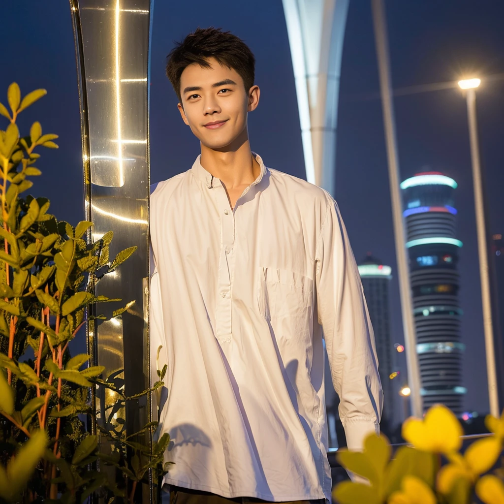 Masterpiece, best quality, height, Ultra high resolution,TRUE, photoTRUEistic,young man,handsome face,evening,natural light,look at viewer,outdoor,full body,smile,round face,short hair,Eye details,Shanghai city road,night scenery