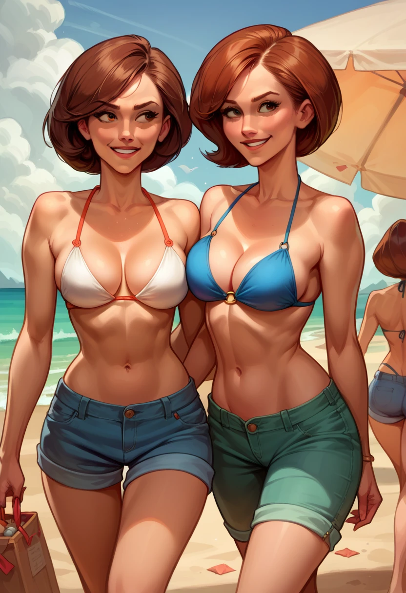 score_9, score_8_up, score_8_up, source_cartoon, 2girls, (Helen Parr, orange-red hair:1.0), (Aunt Cass, brown hair:1.0), girlfriends, cleavage, bikini top, shorts, beach, outdoors, walking, smiling.