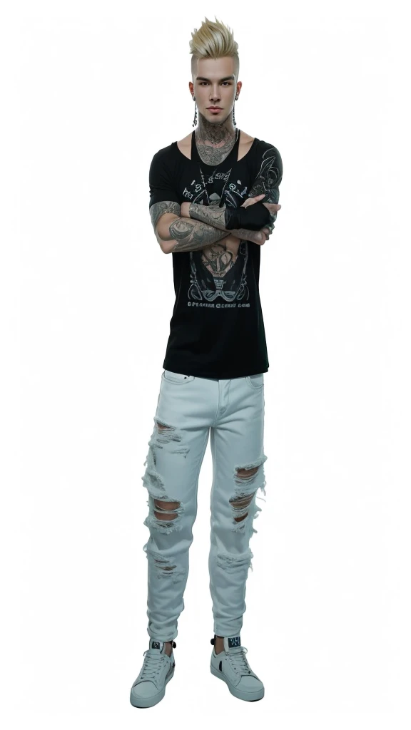 A strong man with fair skin and full body, with short blonde hair, clean shaven, with tattoos on the arm, with a black t-shirt and fashionable low-cut white jeans.